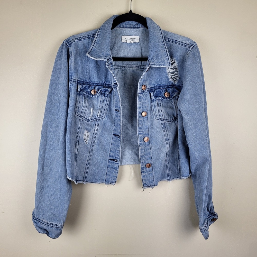 Cisono Denim Jean Jacket Women's Large Light Blue Distressed Raw Hem Cropped